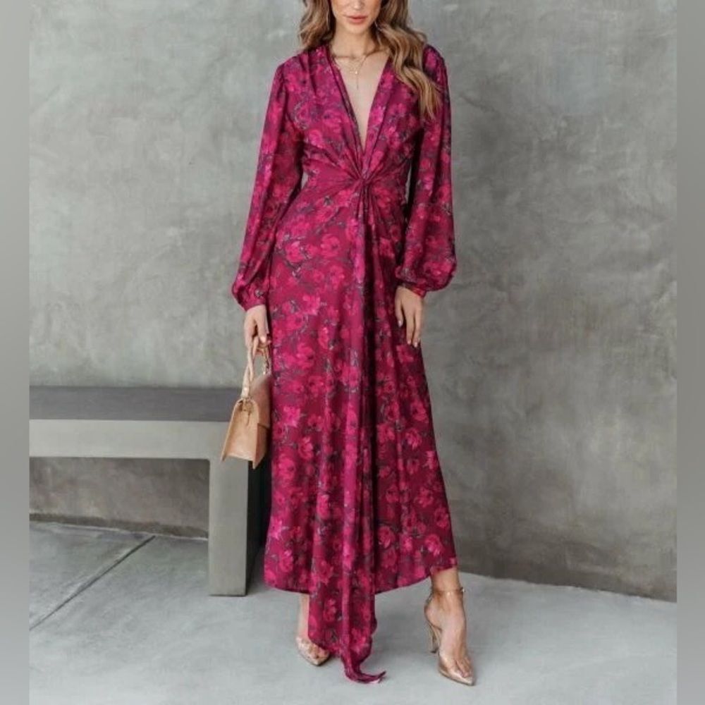 NEW Dee Elly Twist Front V-Neck Maxi Dress in Burgundy Floral